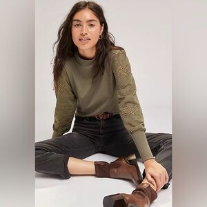 Tiny by Anthropologie Helen Lace Mock Neck Top Size XL Moss Green Long Sleeve